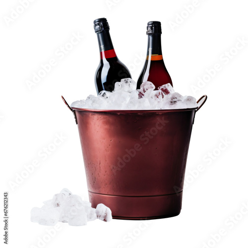Two bottles of cold wine in ice bucket on transparent background - Generative AI