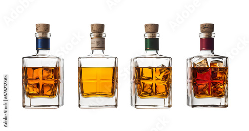 Five bottles of whiskey isolated on transparent background - Generative AI