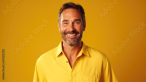 Happy ultra handsome Caucasian middle aged man, smiling and laughing, wearing a Bright solid yellow shirt © Creative Valley