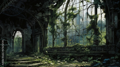 a hair-raising  ancient  and overgrown greenhouse with twisted flora  shattered glass  and a sense of unnatural life