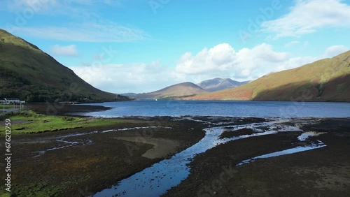 Aerial of the Connemara Loop, Leenane, an picturesque and scenic location in the western part of Ireland, known for its breathtaking landscapes and charming villages. photo