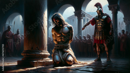 Golgotha's Prelude: Jesus Christ Scourged and Mocked at the Pillar by a Roman Soldier.