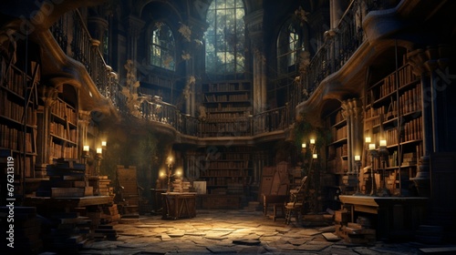 a hair-raising, forgotten library with dusty tomes, cobweb-covered shelves, and a presence of forgotten knowledge photo