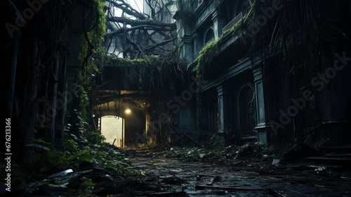 a haunted, decrepit asylum with shattered windows, overgrown vines, and a foreboding atmosphere
