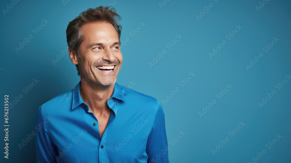 Happy ultra handsome Caucasian middle aged man, smiling and laughing, wearing a Bright solid blue shirt Happy ultra handsome Caucasian middle aged man, smiling and laughing, wearing a Bright solid blue shirt