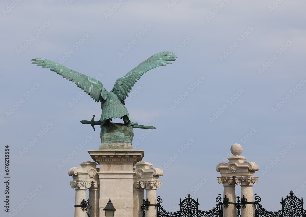Budapest, B, Hungary - August 18, 2023: Eagle on The Hungarian Castle
