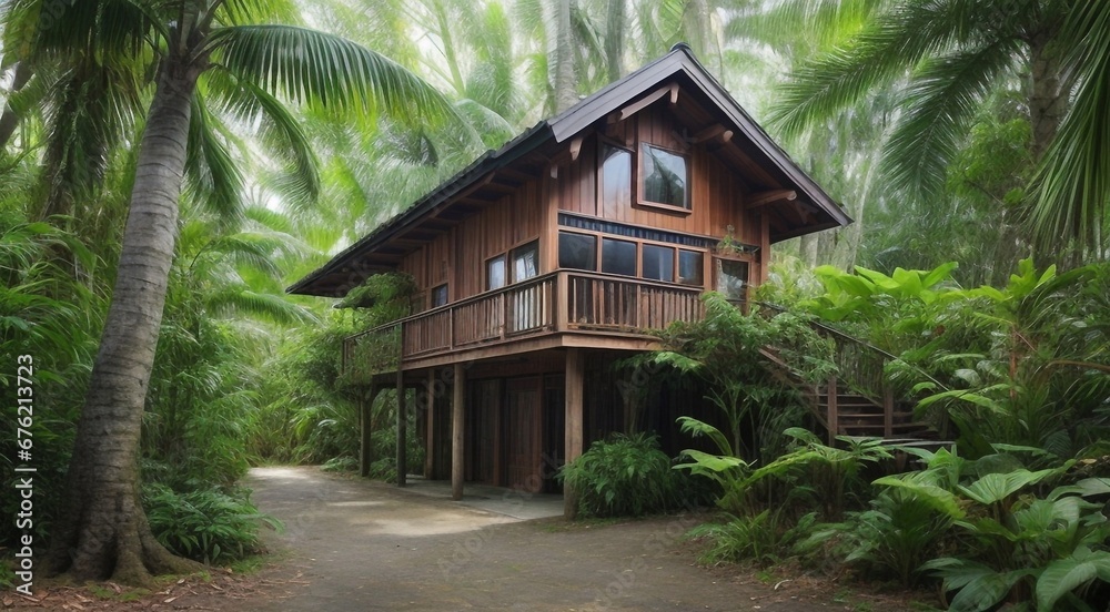 house in the woods, house in the forest, tropical forest scene, panoramic view of house in the forest