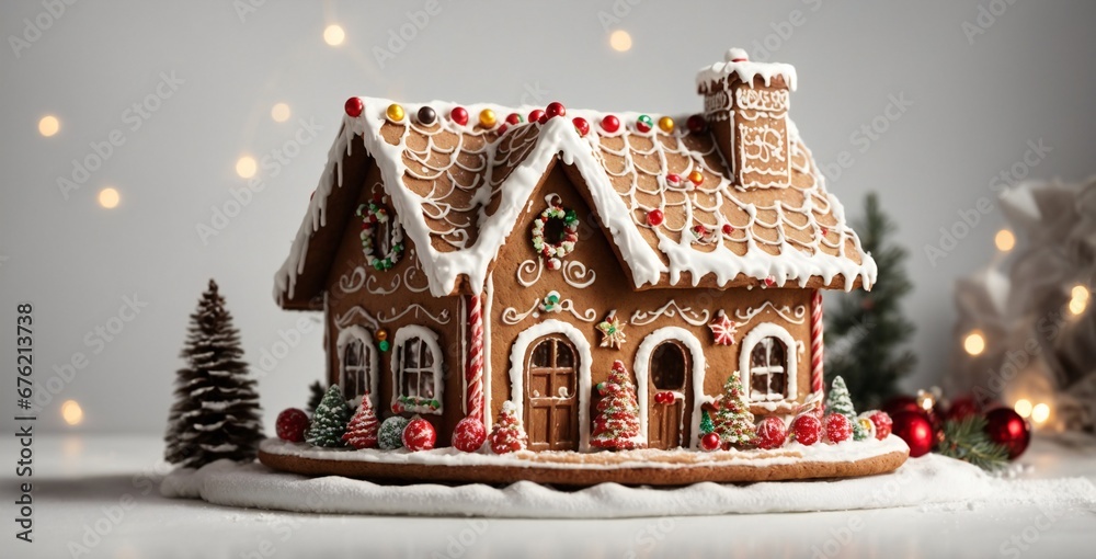 Rustic Winter Scene: Snowy Gingerbread House,3d rendering Decorated green Christmas tree,Snowy vintage Christmas village, a winter landscape capturing holiday charm. Ideal for Christmas cards.
