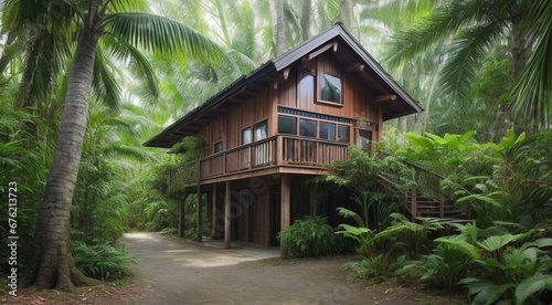 house in the woods, house in the forest, tropical forest scene, panoramic view of house in the forest © Gegham
