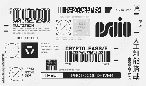 Cyberpunk decals set. Set of vector stickers and labels in futuristic style. Inscriptions and symbols, Japanese hieroglyphs for AI controlled, warning.