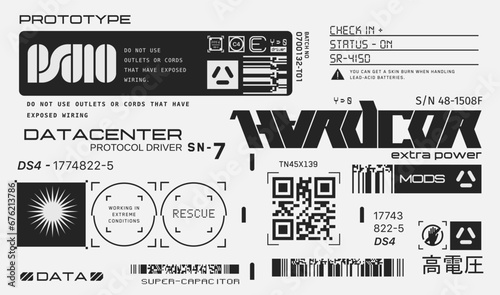 Cyberpunk decals set. Set of vector stickers and labels in futuristic style. Inscriptions and symbols, Japanese hieroglyphs for attention, high voltage. photo