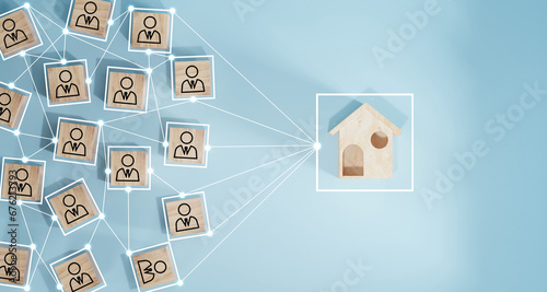 Tableau sur toile Wooden cube block print screen person icon which link connection network