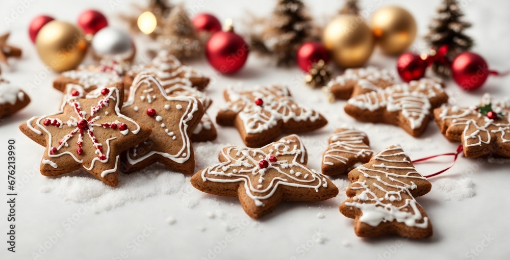 Fototapeta premium Parchment with sweet Christmas gingerbread cookies on light background, closeup,Schokosterne und Zimtsterne im Kunstschnee