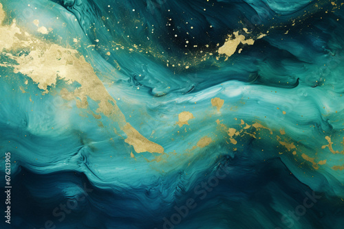 A Mesmerizing Abstract Composition of Lustrous Blue Liquid Adorned with Golden Glitters and Subtle Hues of Green, Creating a Harmonious Symphony of Shades and Splashes