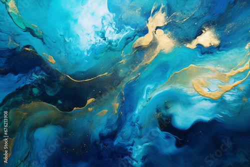 A Mesmerizing Abstract Composition of Lustrous Blue Liquid Adorned with Golden Glitters and Subtle Hues of Green, Creating a Harmonious Symphony of Shades and Splashes