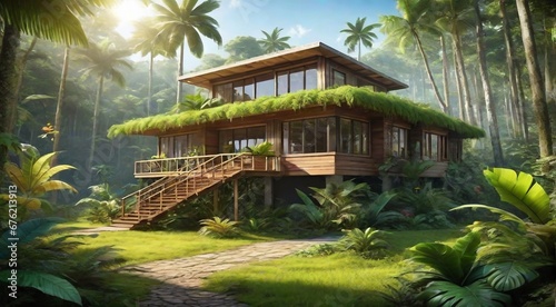 house in the woods  house in the forest  tropical forest scene  panoramic view of house in the forest