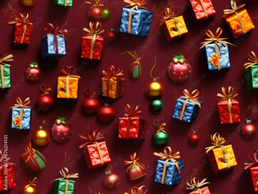 Obraz premium Miniature Christmas Gift and Presents Ornaments Seamless Holiday Texture Pattern Tiled Repeatable Tessellation Background Image
