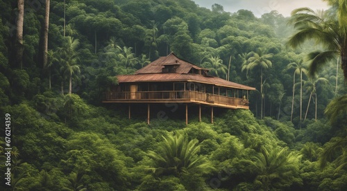 house in the woods, house in the forest, tropical forest scene, panoramic view of house in the forest