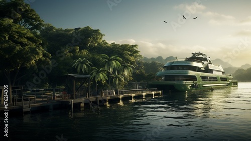 A luxurious ferry docked at a tranquil, secluded pier, framed by lush greenery