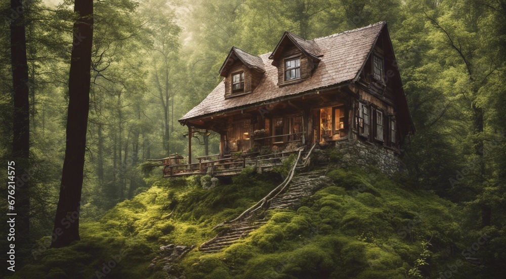 house in the woods, house in the forest, tropical forest scene, panoramic view of house in the forest