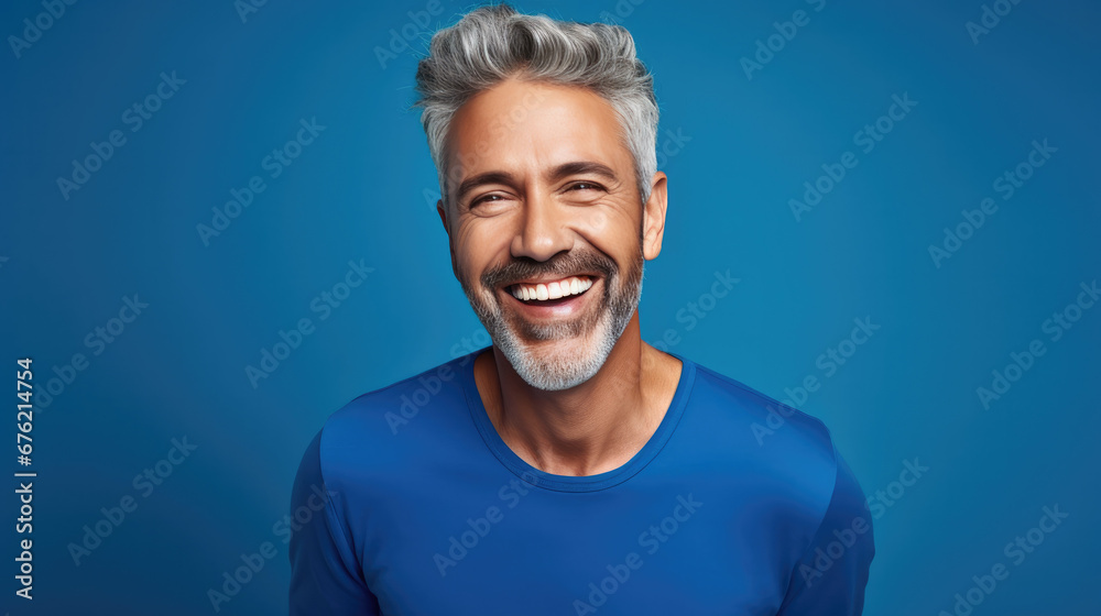 Happy ultra handsome Caucasian middle aged man, smiling and laughing, wearing a Bright solid blue shirt