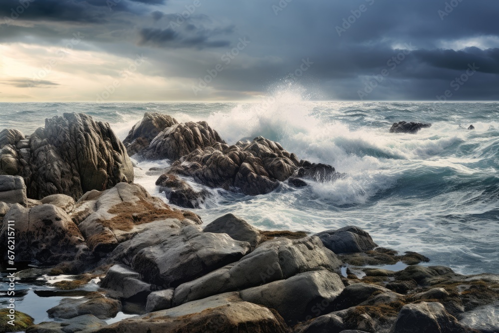 Scenic view of the ocean with rocky outcroppings in the foreground. Generative AI Scenic view of the ocean with rocky outcroppings in the foreground. Generative AI