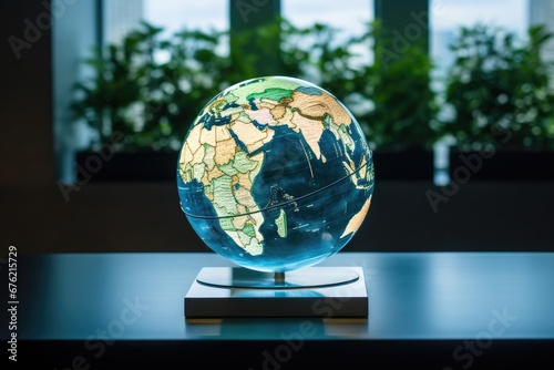 Globe model on wooden desk. Generative AI photo