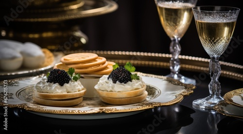 Black caviar appetizers mini pancakes. Generative AI