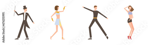 Man and Woman Dancing Performing on Stage in Different Outfit Vector Set