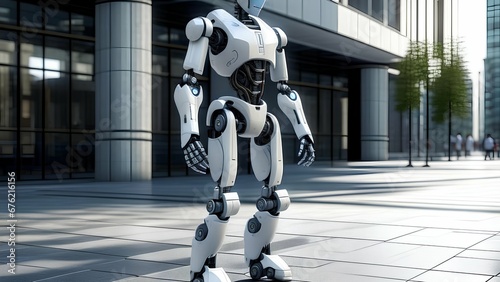 robot in front of a building