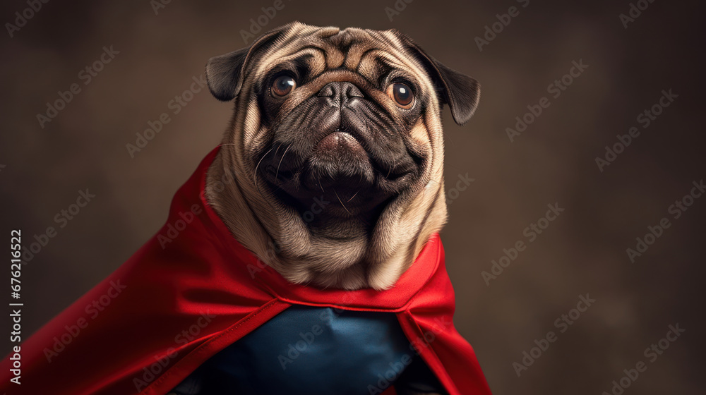 Studio photo shot of Pug dog in a superhero outfit