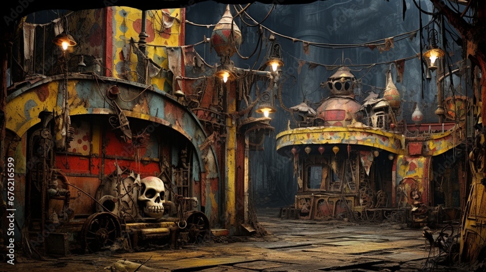 a spine-tingling, forgotten carnival with dilapidated attractions, peeling paint, and a sense of spectral merriment