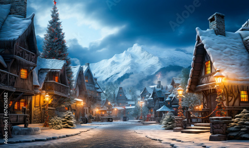 Santa's Secret Retreat: Matte Painting of a Snowy Village and Christmas Trees © Bartek