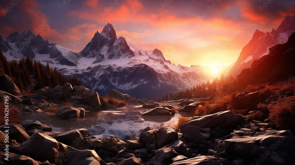Obraz premium Sunset in fantasy style granite alps. Generative AI