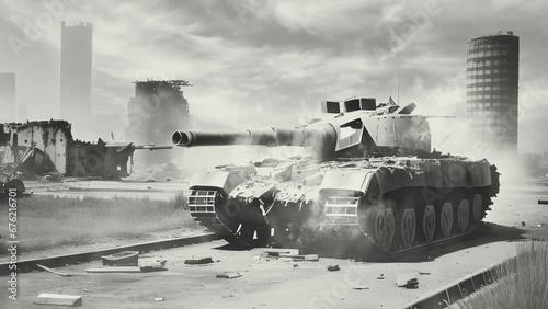 illustration of a burning war tank during the world war. black and white old movies style. Cartoon painting illustration style. seamless looping 4K time-lapse virtual video animation photo