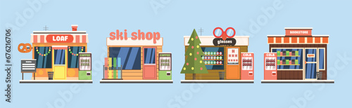 Shop Building and Market Front View Vector Set