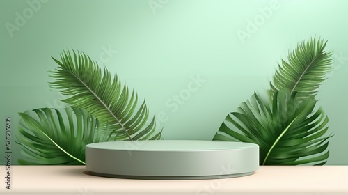 3d background products display podium scene with palm leaf summer platform.