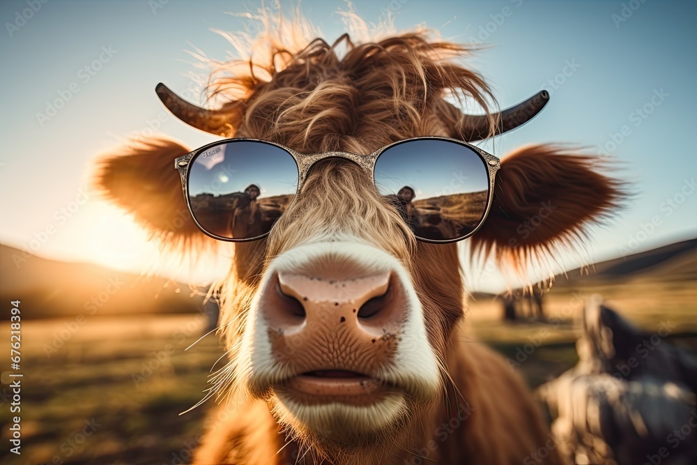 Portrait of a surprised funny bull in sunglasses close-up on a pasture. Funny animal photo. Generated by AI. - obrazy, fototapety, plakaty 