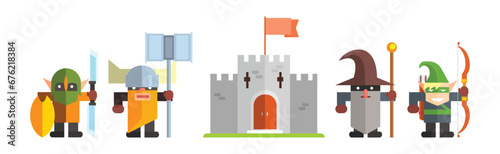 Fantasy Game Knight Character Heroes with Weapon Vector Set