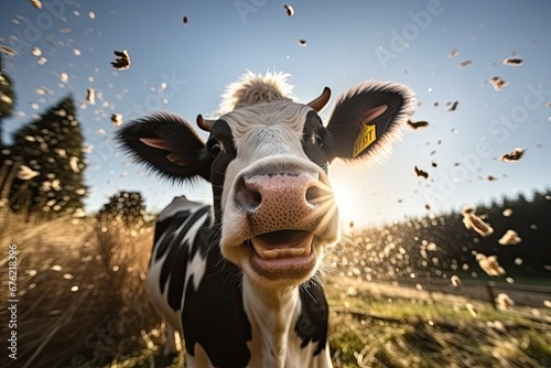 Close-up portrait of surprised cow on the pasture. Funny animal photo. Surprise expression and opened mouth.