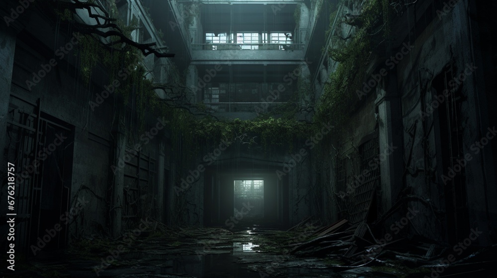 Design a sinister-looking, overgrown asylum with shattered windows, twisted corridors, and a sense of abandoned sanity - obrazy, fototapety, plakaty 