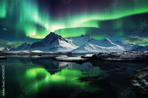 Aurora borealis in Iceland with snow covered mountains and reflection © Rudsaphon