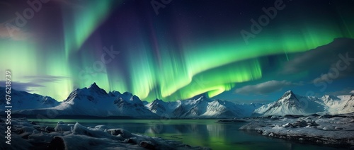 Aurora borealis in Iceland with snow covered mountains and reflection