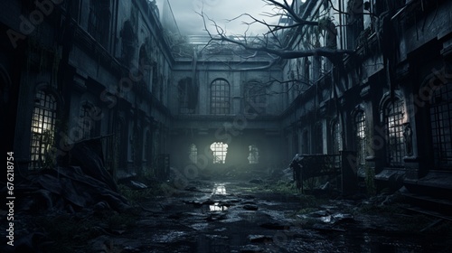 Design a sinister-looking, overgrown asylum with shattered windows, twisted corridors, and a sense of abandoned sanity photo