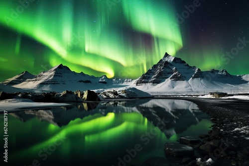 Aurora borealis in Iceland with snow covered mountains and reflection