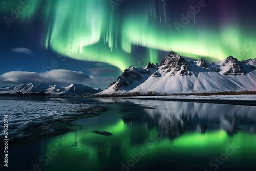 Aurora borealis in Iceland with snow covered mountains and reflection