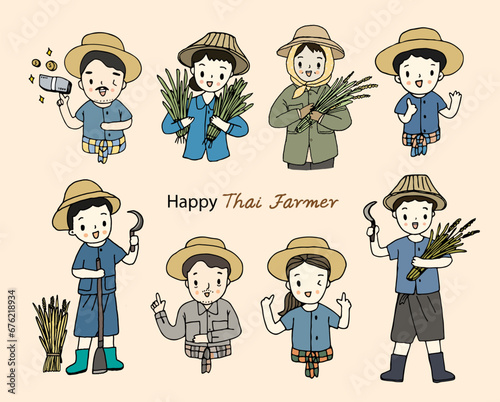 Cartoon Thai Farmer character set, hand drawn style vector illustration