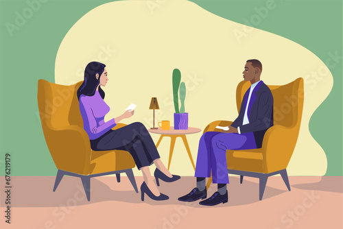 Psychology therapy man talking to psychologist psychotherapy concept