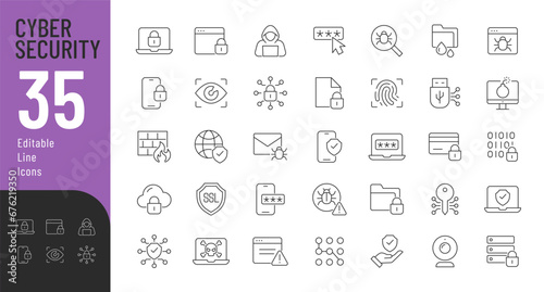 Cyber Security Line Editable Icons set. Vector illustration in thin line modern style of cyber protection related icons: personal data protection, passwords, types of cyber dangers, and more. photo