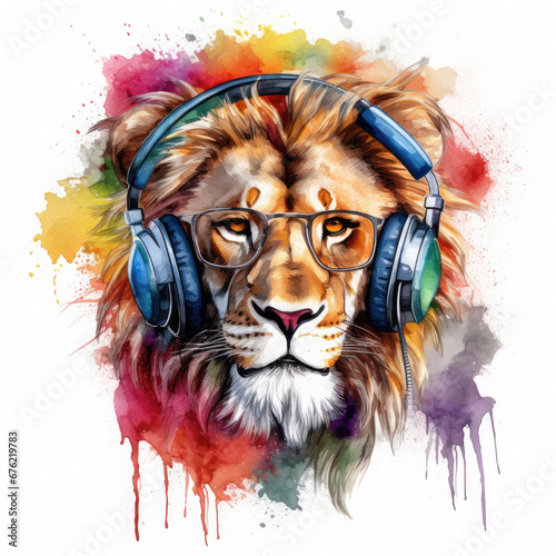 Dj lion with headphones and sunglasses Illustration  Generative Ai